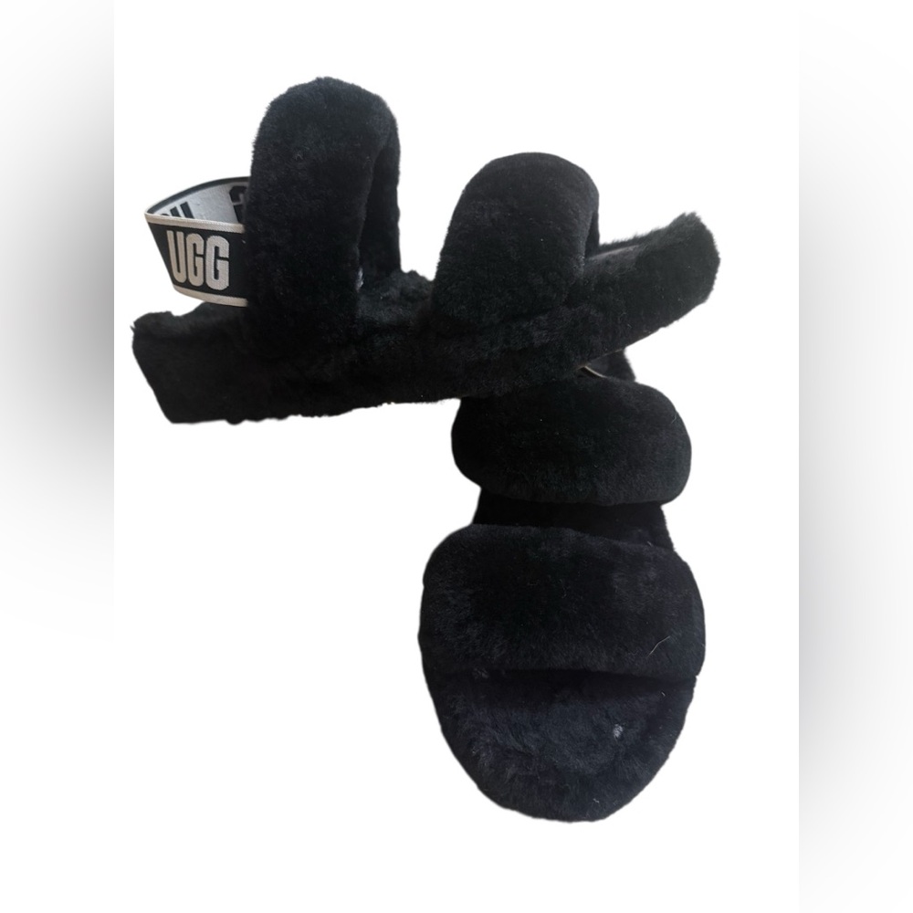 UGG Oh Yeah Style  Fur Sandals Womens 7 Black Teddy Soft Strap Slides
